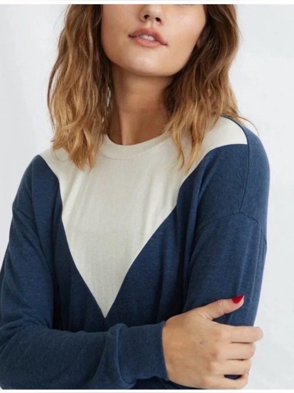 Marine Layer Lina Double Knit Crew in Navy/Natural - Medium